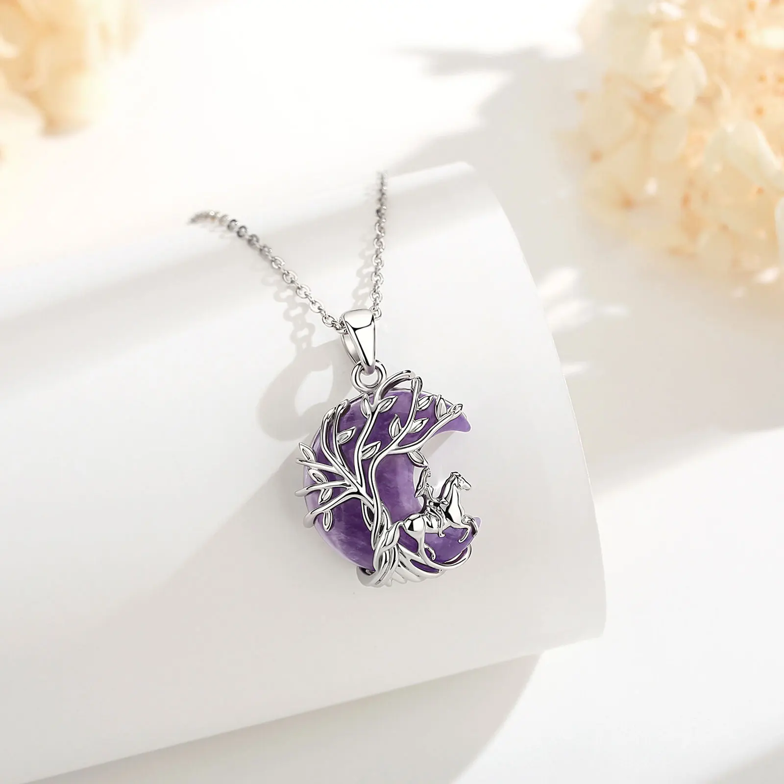 Eudora Amethyst Horse Girl Necklace Crescent Moon Tree of Life Pendant Spirit Animal Jewelry Spiritual Protection Gift for Women 3