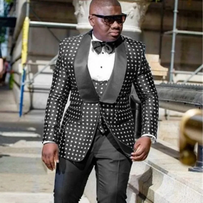 

Latest Design Fashion Black Dots Blazer Sets Men Suits 3 Pieces Groom Tuxedos For Wedding Custom Made Terno Masculino