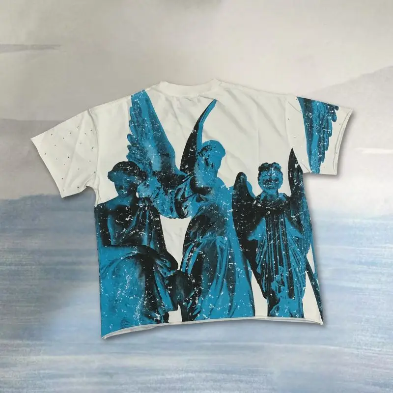 Blue Angel Wings Sculpture Print FIRST ROW Tshirt Loose Cotton Round Neck Tops Men Women Street White Hot Drill Short Sleeve