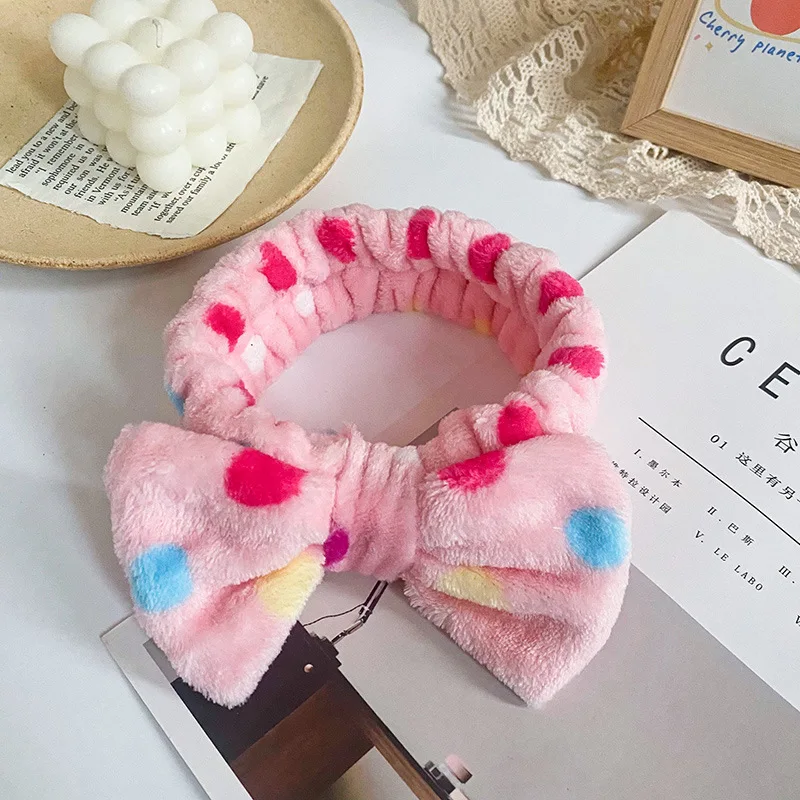 Elastic Lovely Lady Dots Stripes Pattern Soft Coral Fleece Shower Make Up Facial Bow Knot Comfortable Skin Care Velvet Headwraps