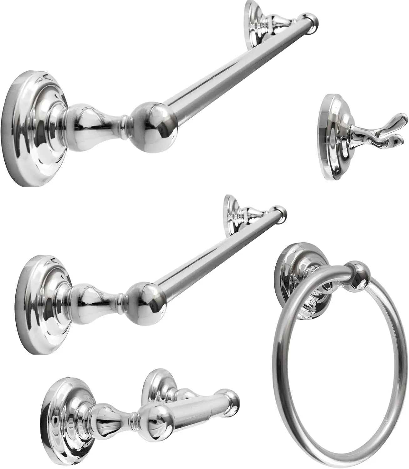 

5-Piece Bathroom Accessories Set: Robe Hook, Toilet Paper Holder, Towel Ring, 18" & 24" Towel Bar, Polished Chrome