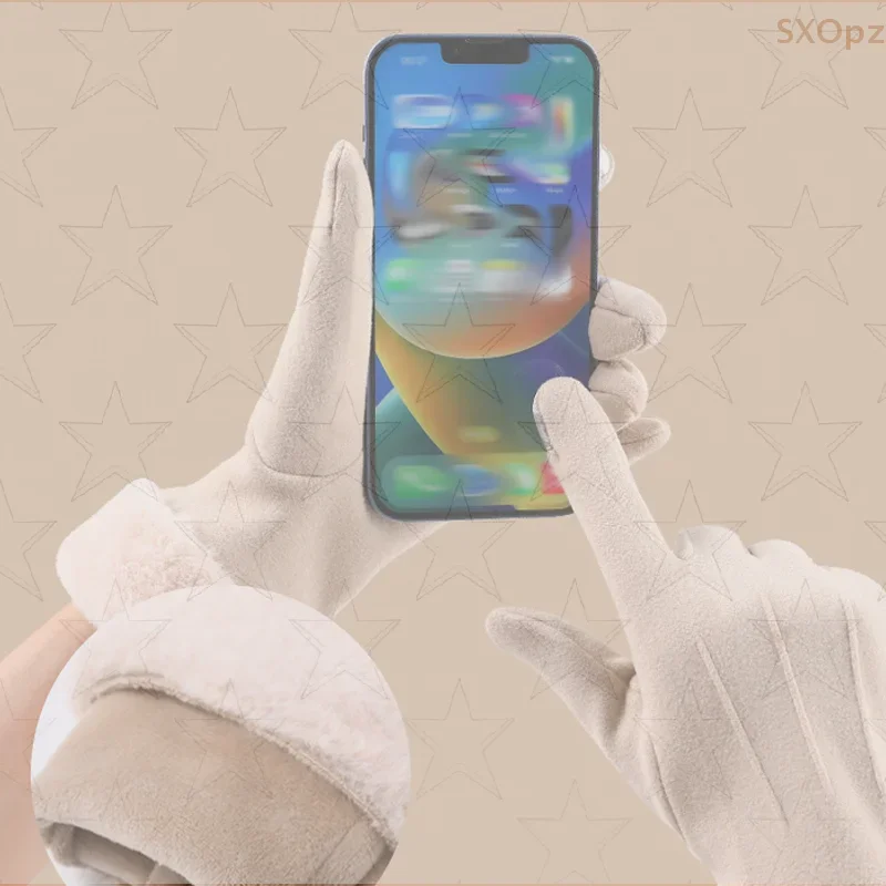 1 زوج المرأة قفازات الشتاء الدافئة قفازات لمس مع الفراء الكفة أفخم بطانة الدراجات الرياضة القيادة يندبروف قفازات دافئة