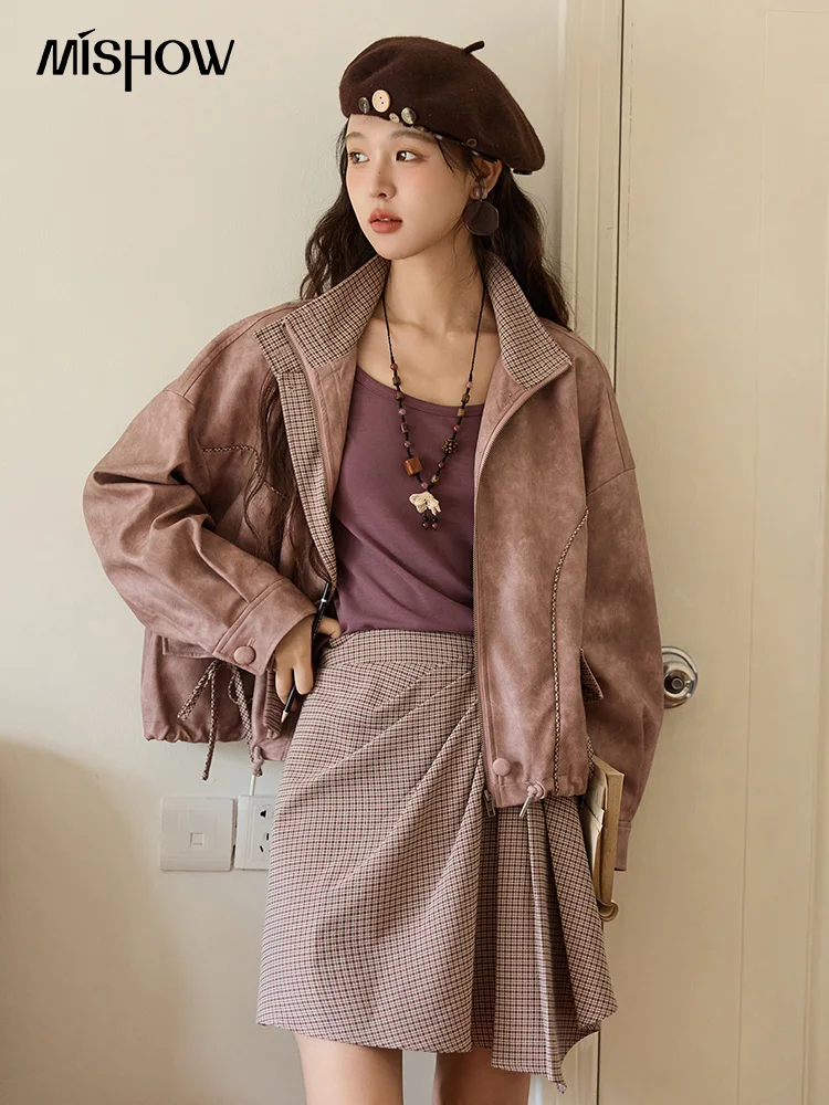 

MISHOW женские окрашенные кожаные куртки, осень 202, короткая контрастная клетчатая куртка с лацканами, модное свободное пальто с карманами и бантом MXE44W0818