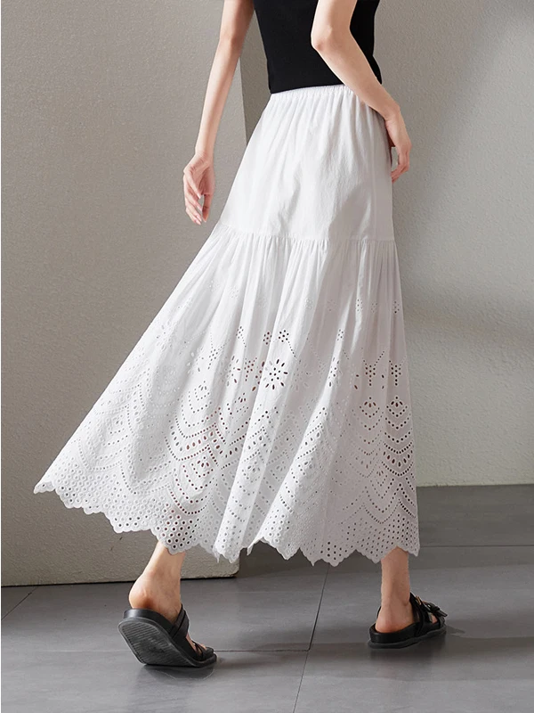 Green Anti-Aging Hollow out Cake Skirt A-Line Midi Skirt Women's Spring Summer Beautiful Drapey High Waist Knitted Skirt
