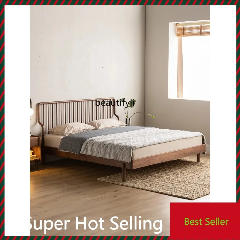 

K132 Black walnut solid wood bed soft bag double technology cloth leather bed simple master bedroom wedding bed