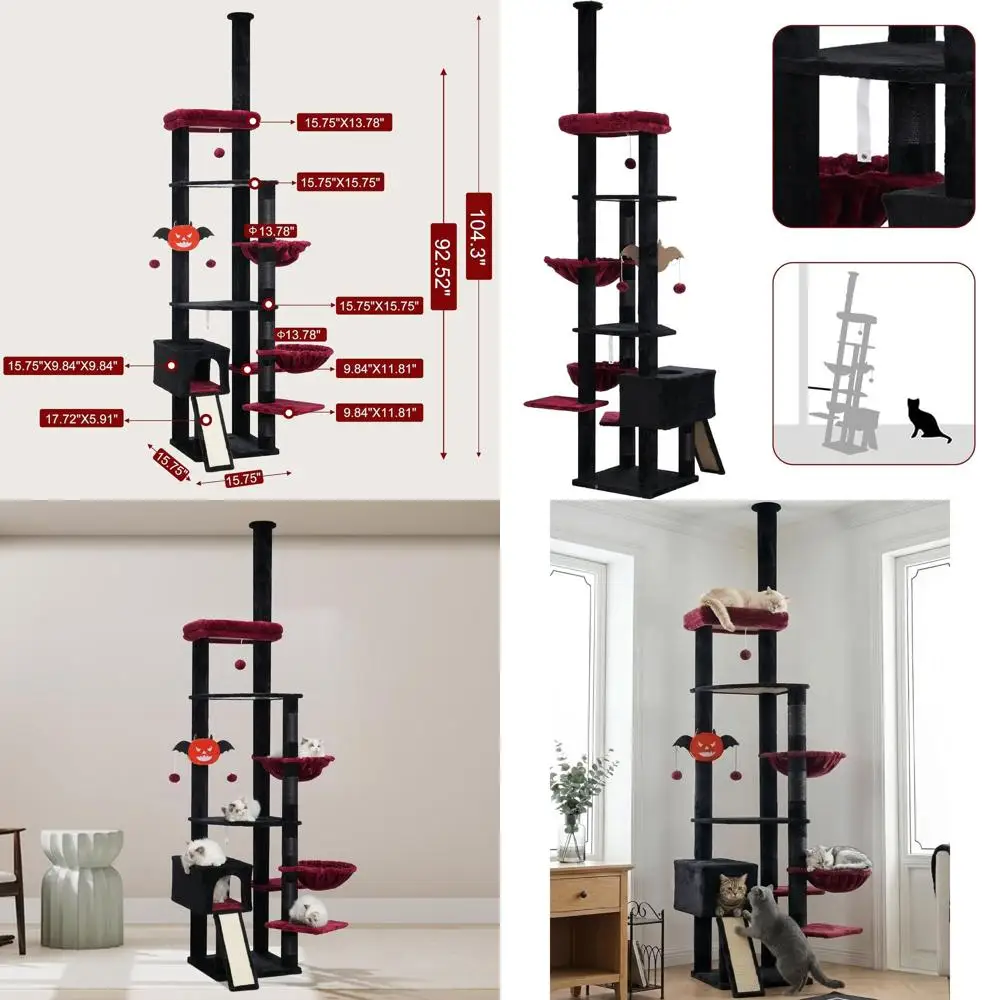 

Tall Gothic-Style Cat Tree 92.5-104.3 Inches, Adjustable Climbing Tower with Hammock and Scratching Posts for Indoor Cats, Black