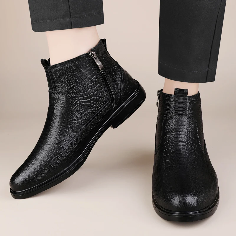 Autumn/Winter New Style Classic Black Zipper Men Ankle Boots Business Boots Crocodile Pattern Comfortable Inner Men Mid Top Boot