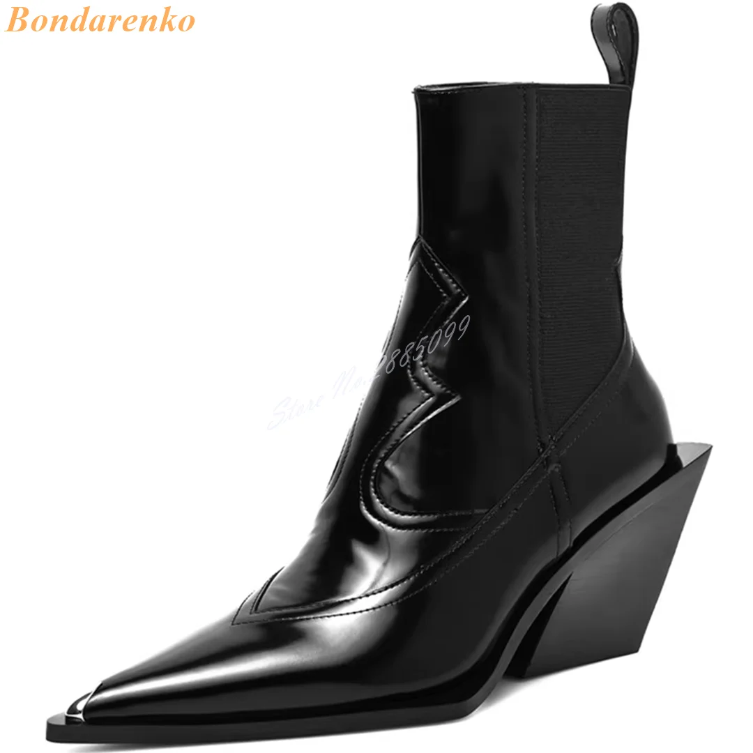 Stivali Slim a punta tacchi spessi in pelle solida stampati Slip On stivaletti donna Sexy Style Designer Winter Party scarpe Casual