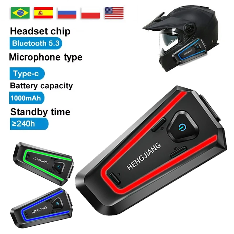 Bluetooth V5.3 Motorcycle Helmet Headset Noice Reduce 1000mah Battery Handsfree IPX7 Waterproof with Tri-Color Ambient Light