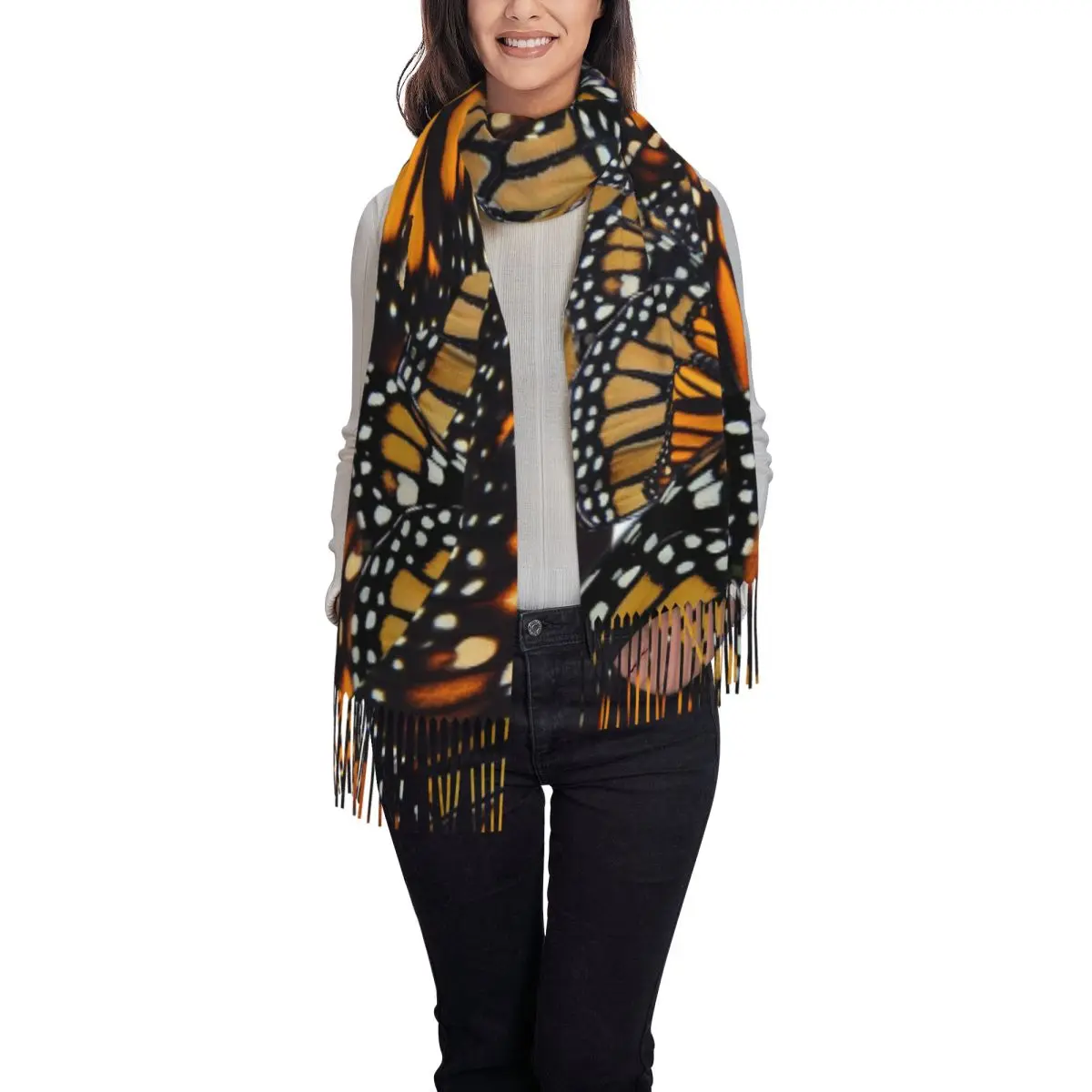 Butterfly Orange Pattern Scarf Tassel Scarves for Women Soft Warm Shawls and Wraps Long Fall Winter Shawl Wrap