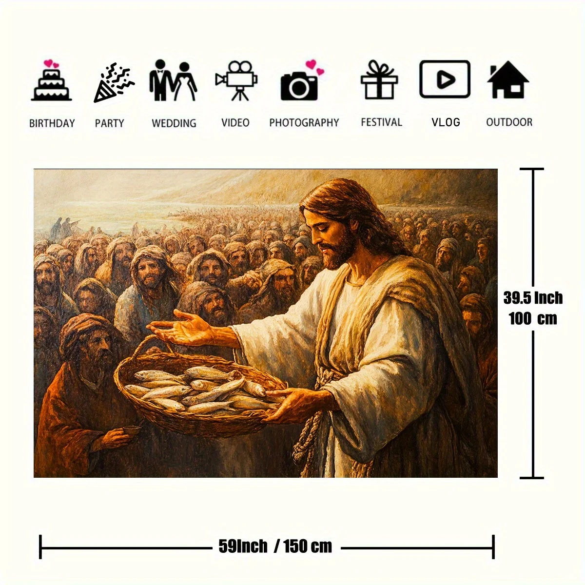 One 2D flat background panel featuring a Bible theme, with Jesus, a bread basket and fish.XY view 2
