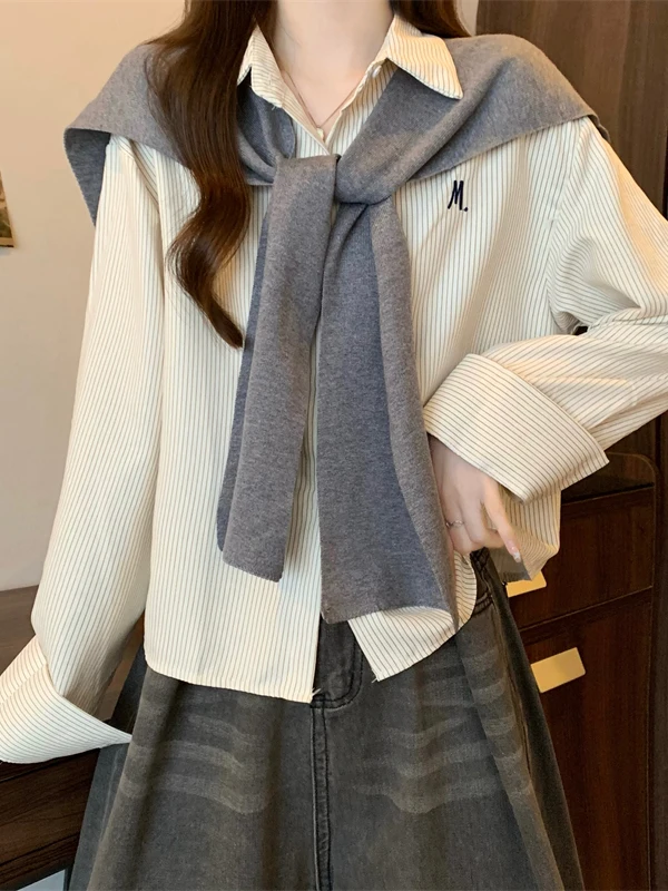 Academic Style Women's Long Sleeve Shirt with Detachable Shawl Loose Fit Slimming Layering Top Vintage Autumn Fashion