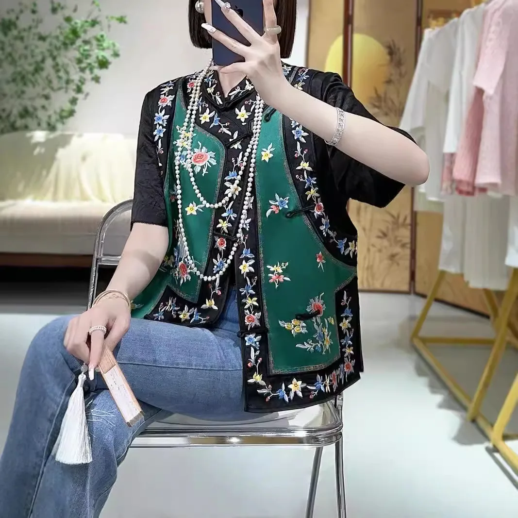Chinese Style Vest Women's Spring And Autumn Embroidery Flowers Birds Loose Acetate Sleeveless Lady Top S-XXL image 5