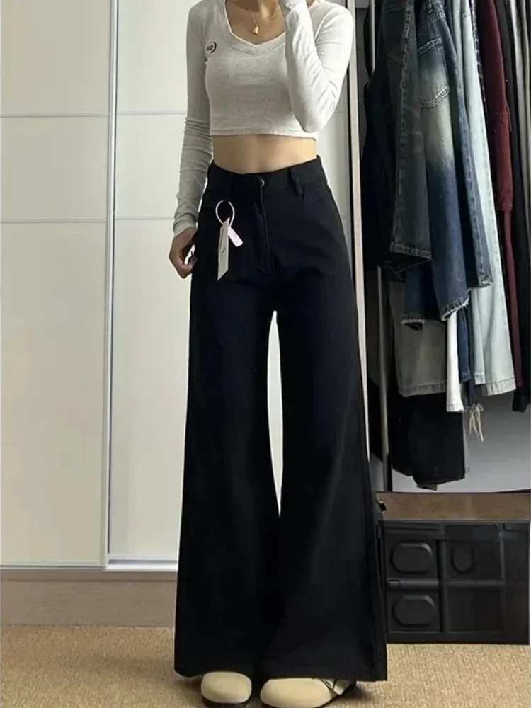 

High Waist Black Bell Bottom Jeans Women's Loose Fit Straight Leg Stretch Slimming Floor Length Pants Spring Season Denim