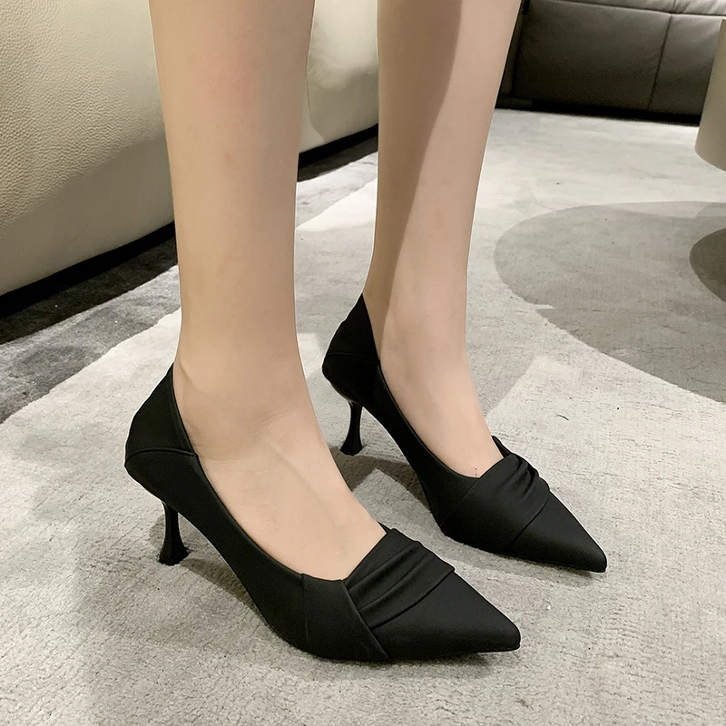 Women Fashion Sweet Black Pu Leather Stiletto Heels for Party Night Club Lady Summer Office Cusp Heel Shoes Spring Summer