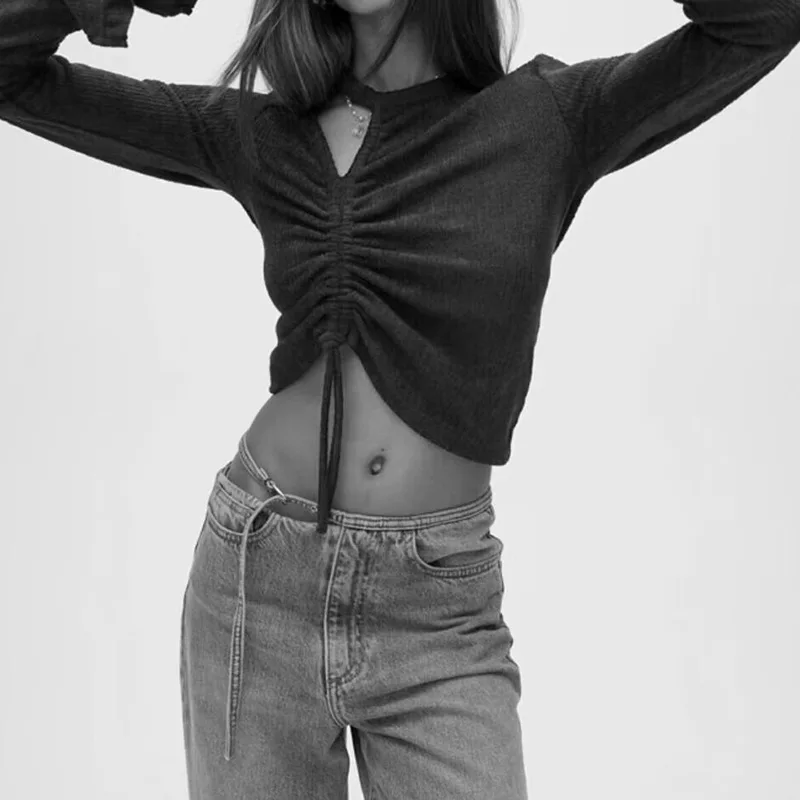 TIFICY Elegant French Minimalist Tshirts Top Spring and Autumn Women's Hollow Out Pleated Knitted Anti-aging T-shirt Tops