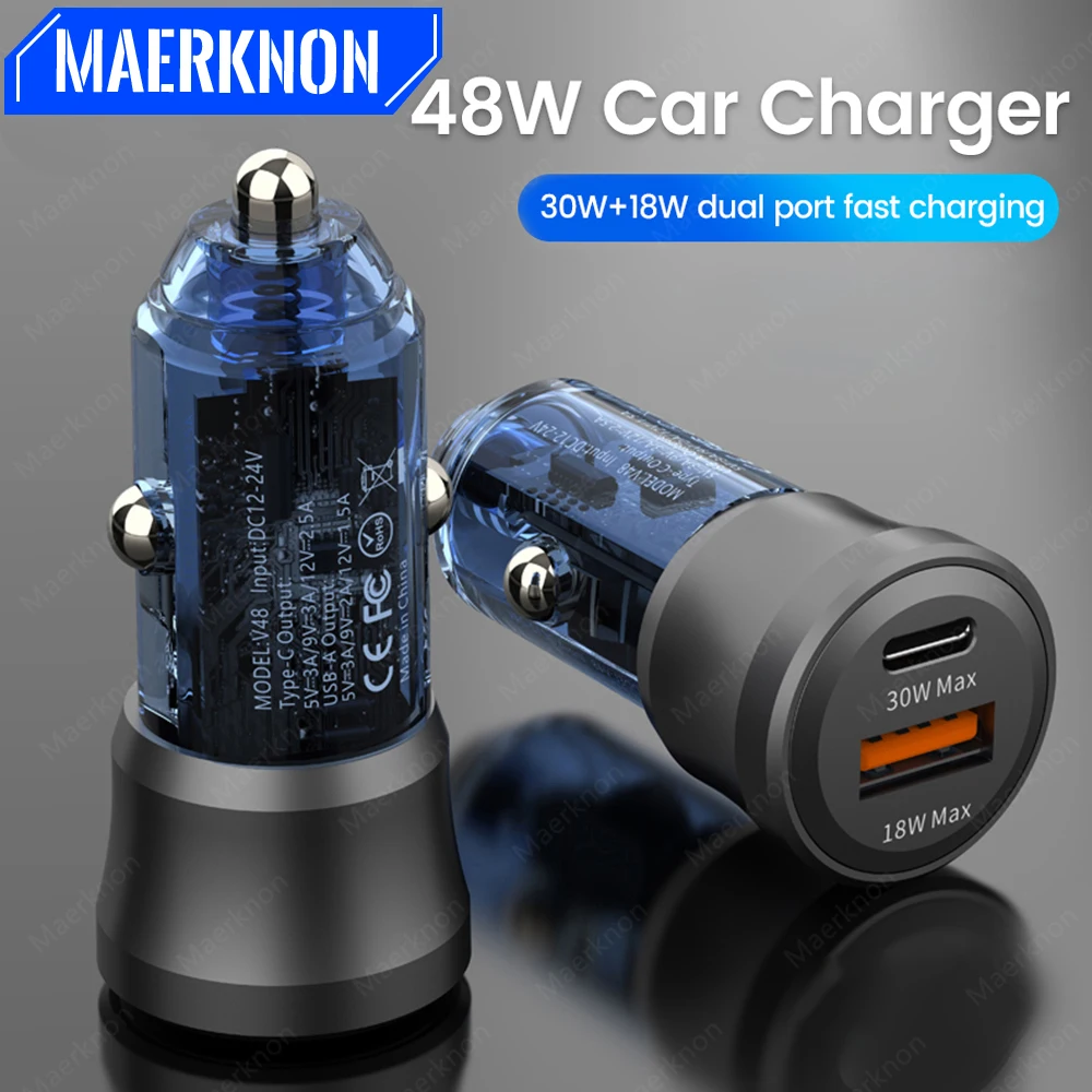 

48W Car Charger USB PD Type C Fast Charge Car Phone Charger Adapter For iPhone Xiaomi Samsung Huawei 2 Port Quick Charger In Car