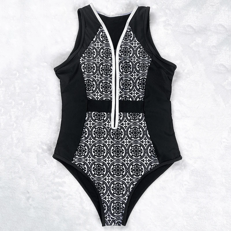 New Vintage One Piece Swimsuit Retro Zipper Swimwear Sexy Bathing Suits Women Hot Plus Size XL Bodysuit Monokini Beachwear