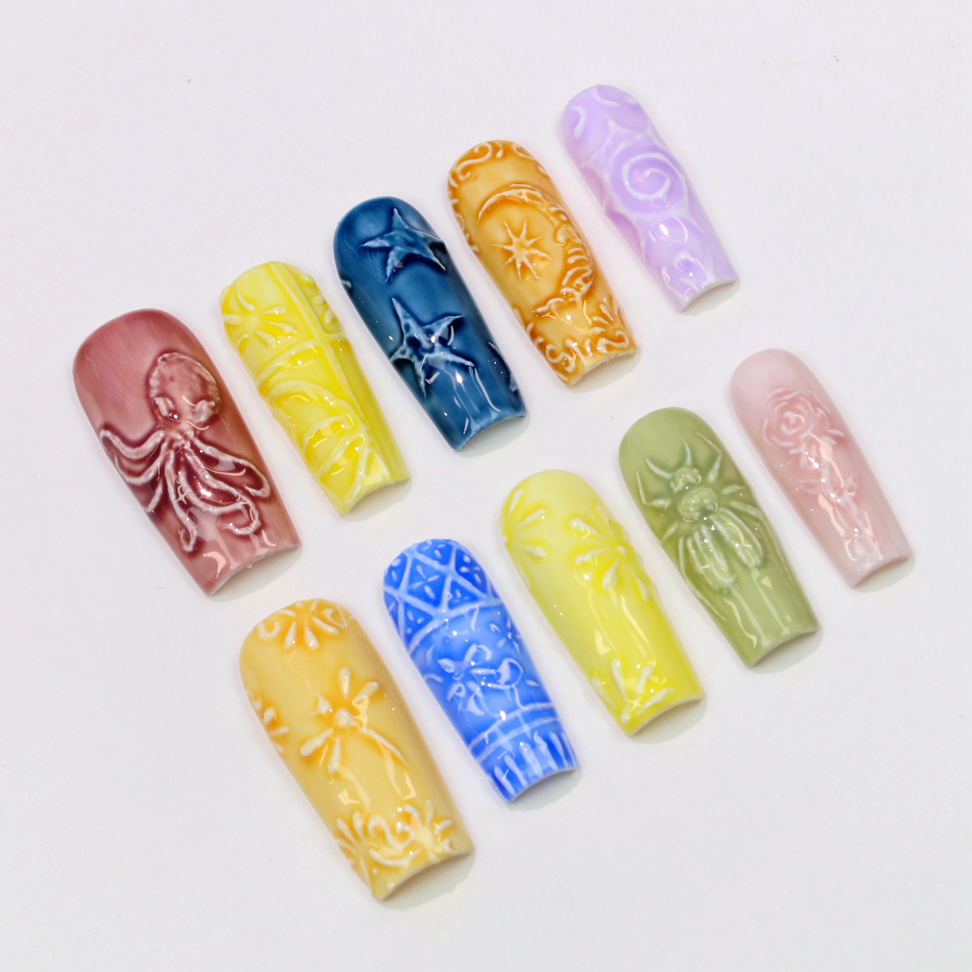 10Pcs Y2K 3D beautiful handmade Manicure Press On Nails,Acrylic Fake Handpainted Long Coffin Flowers Custom Design Holiday Nail