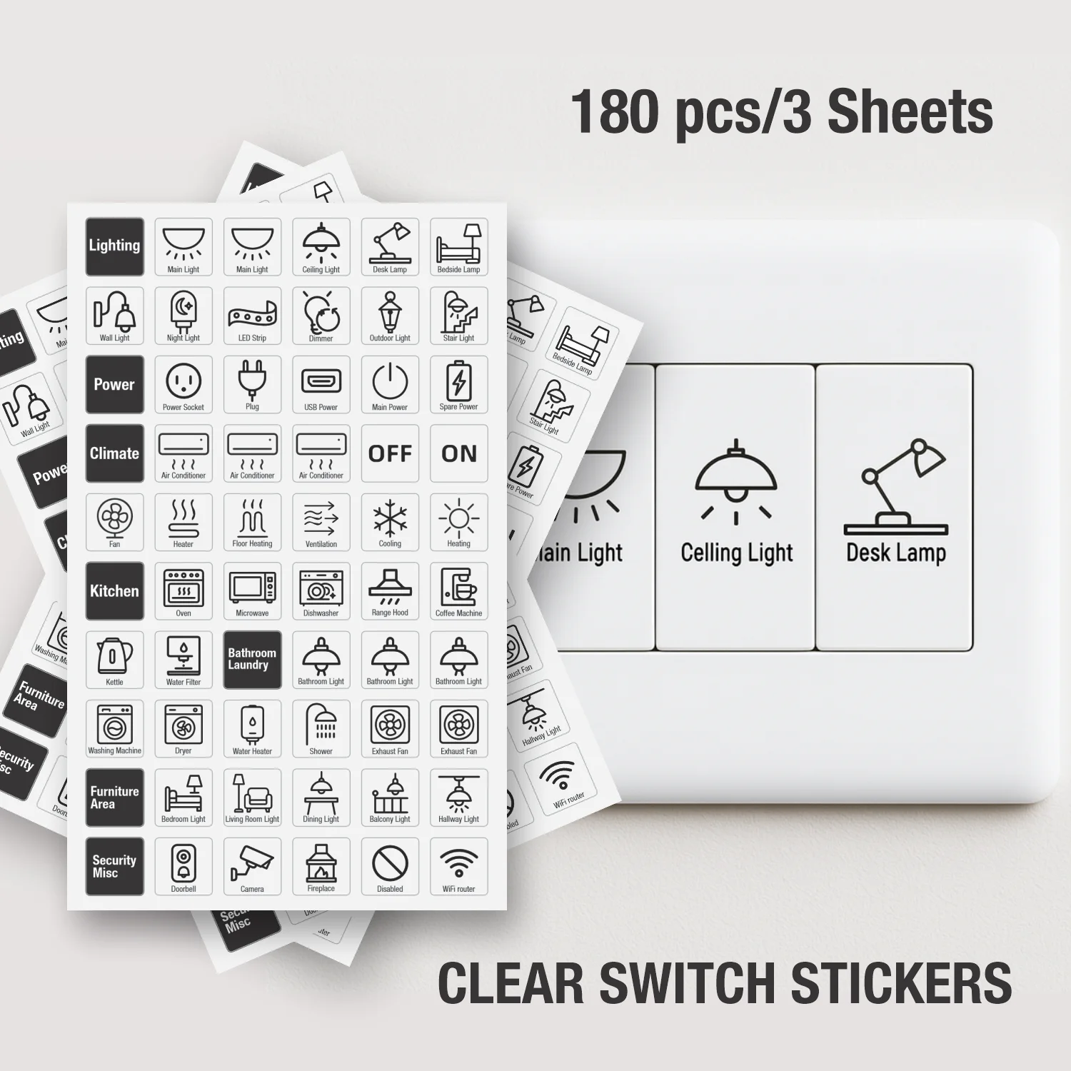 180pcs/ 3 Sheets Transparent Light Switch Label Stickers Clear PET Switch Icons for Home Lighting & Appliances, Easy to Apply