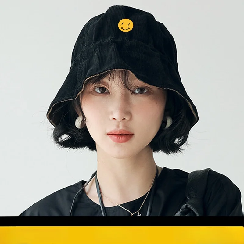 dfemhoves-corduroy-drawstring-fisherman-cap-women's-autumn-winter-versatile-double-sided-bucket-hat-youth-wide-brim-round-top