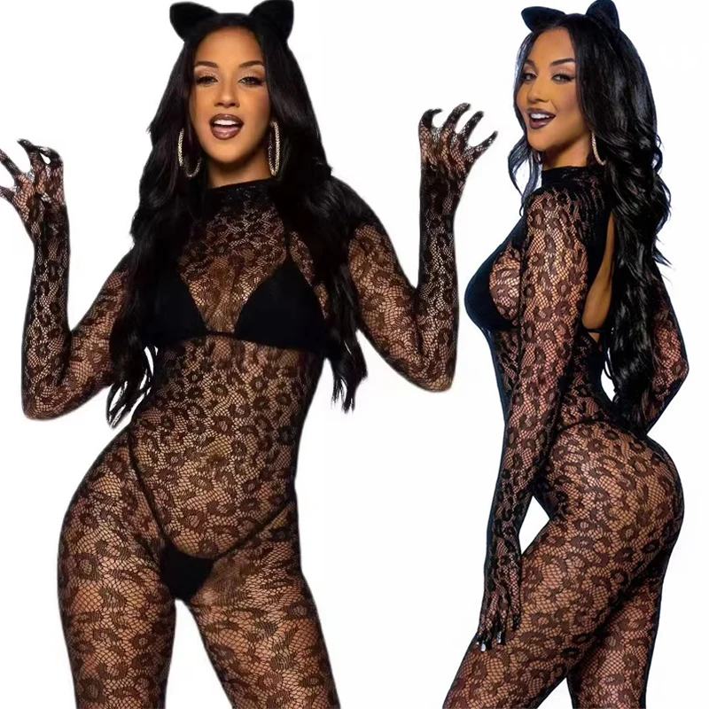 New Sexy Crotchless Lingerie Women Backless Cutout Bra Set Mesh See Through Bodystocking Full Sleeve Leopard Print Underwear Set