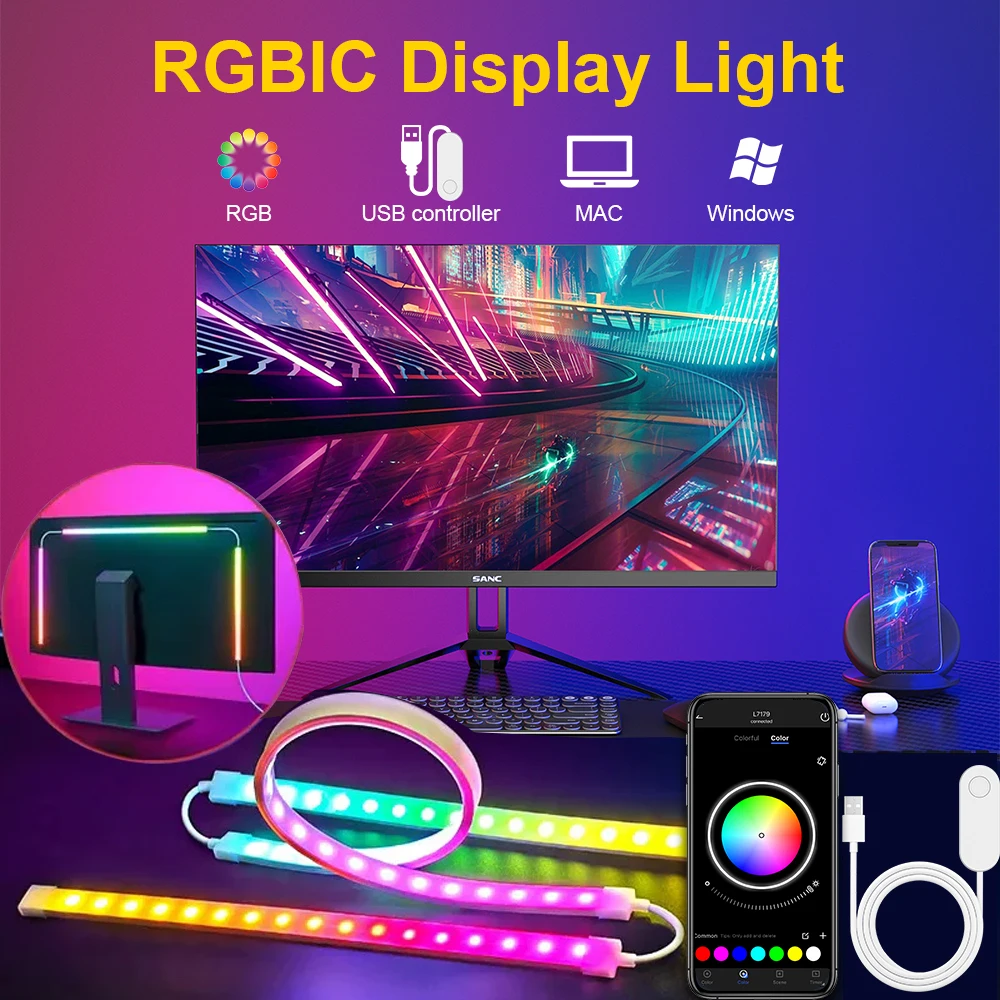 

Светодиодная игровая RGB-лента для монитора: фоновая подсветка, синхронизация с музыкой, настраиваемые цвета, 24/27/32/34 дюйма