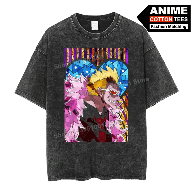 

Retro Washed Street Styl T Shirt Anime ONE PIECE - Doflamingo Abstract Painting Clothes Cotton Loose Men Women Short Sleeve Tees