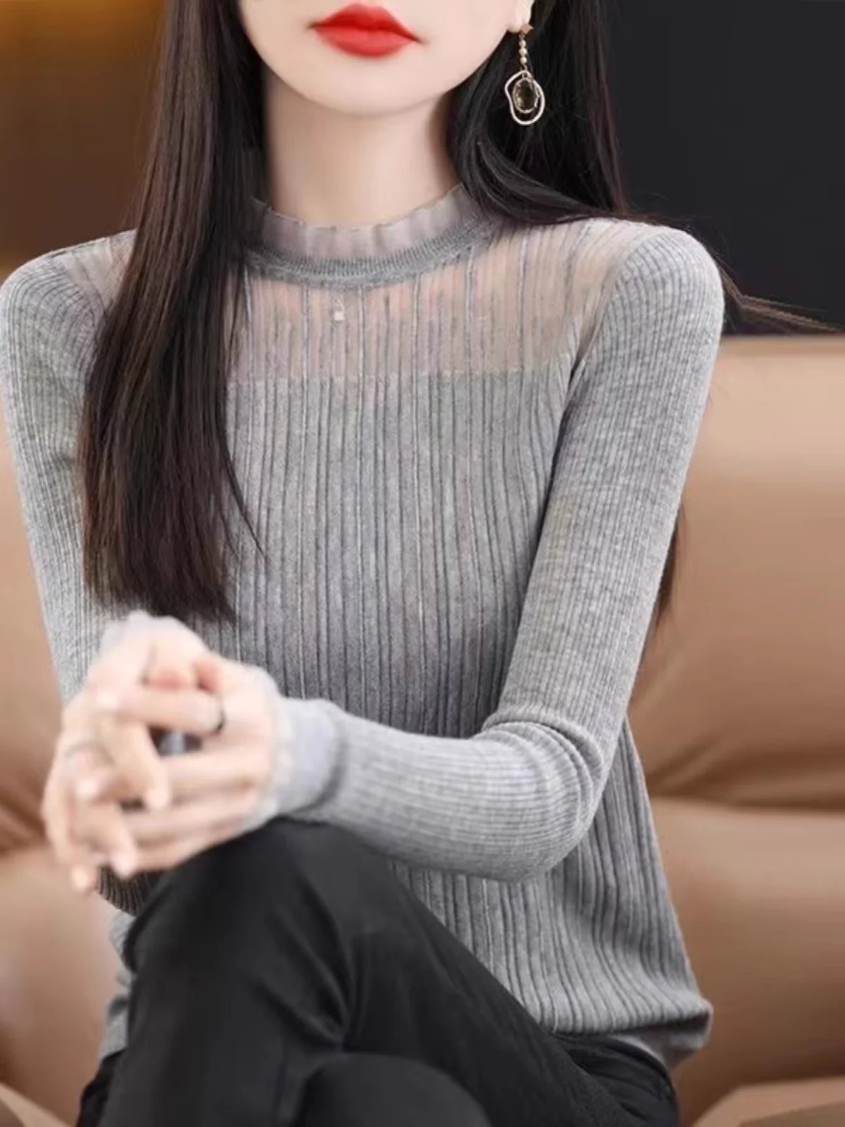 

Ele Lace Base Layer irt Women's Inner Wear f High Collar Hollow Knitted Woolen Top Faionable Casual Sle Long Sve