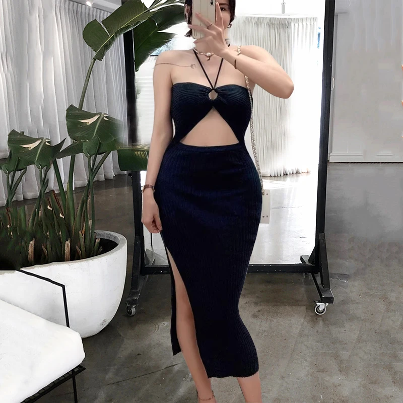 YuooMuoo Chic Fashion Abito avvolgente sexy Donna a costine lavorato a maglia Slim Elastico Halter Abito aderente Stile vacanza Abiti da spiaggia estivi