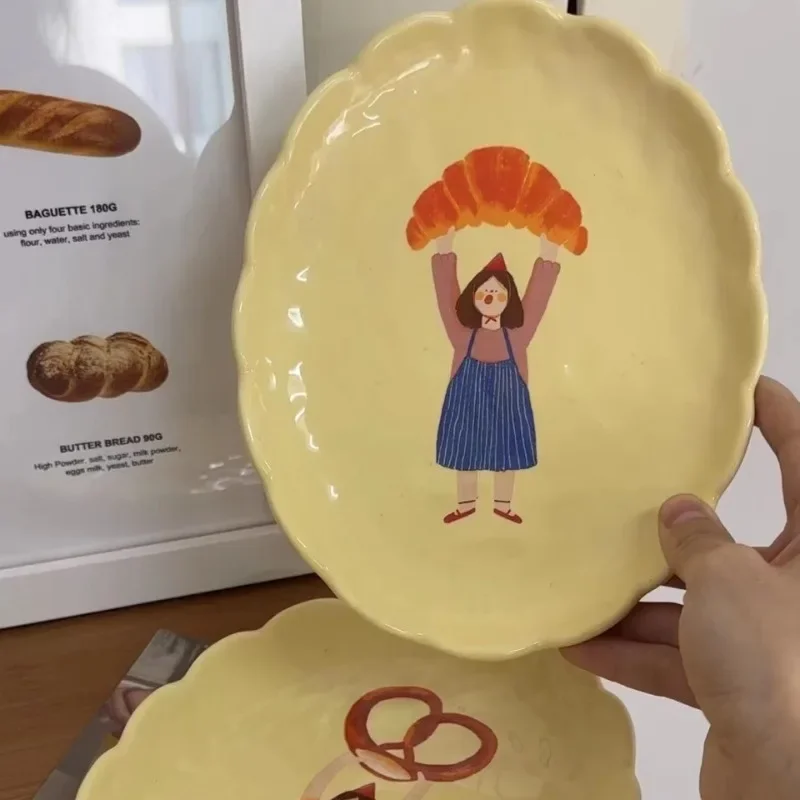 

1 Pcs Ceramic Lace Milk Yellow Cartoon Bread Girl Flat Plate Ins Wind Dessert Plate 8 Inch Kitchen Household Тарелки Для Еды