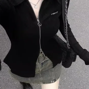 폴로 칼라 지퍼 니트 카디건 여성 봄 가을 슬리밍 소녀 슬림 매끄러운 실루엣 내부베이스 레이어 숄더 탑