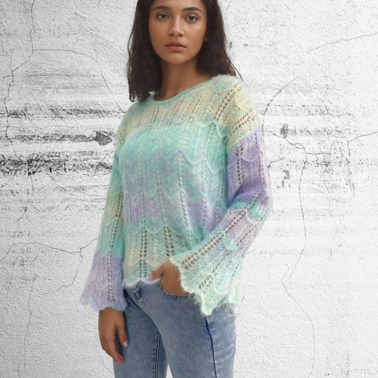 Mohair Gradient Rainbow Pullover Sweater, Women's Spring and Autumn New Fashion Long-sleeved Crew-neck Knit Sweater for Women