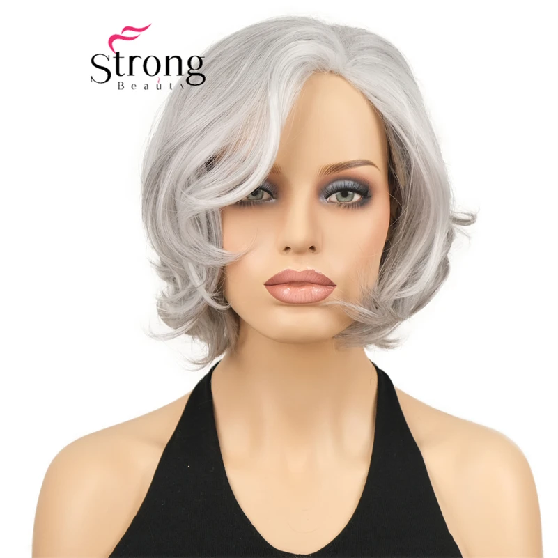 Strongbeauty Short Synthetic Wig for Women silvery Wavy Side Part Thick Heat Resistant Full Wigs
