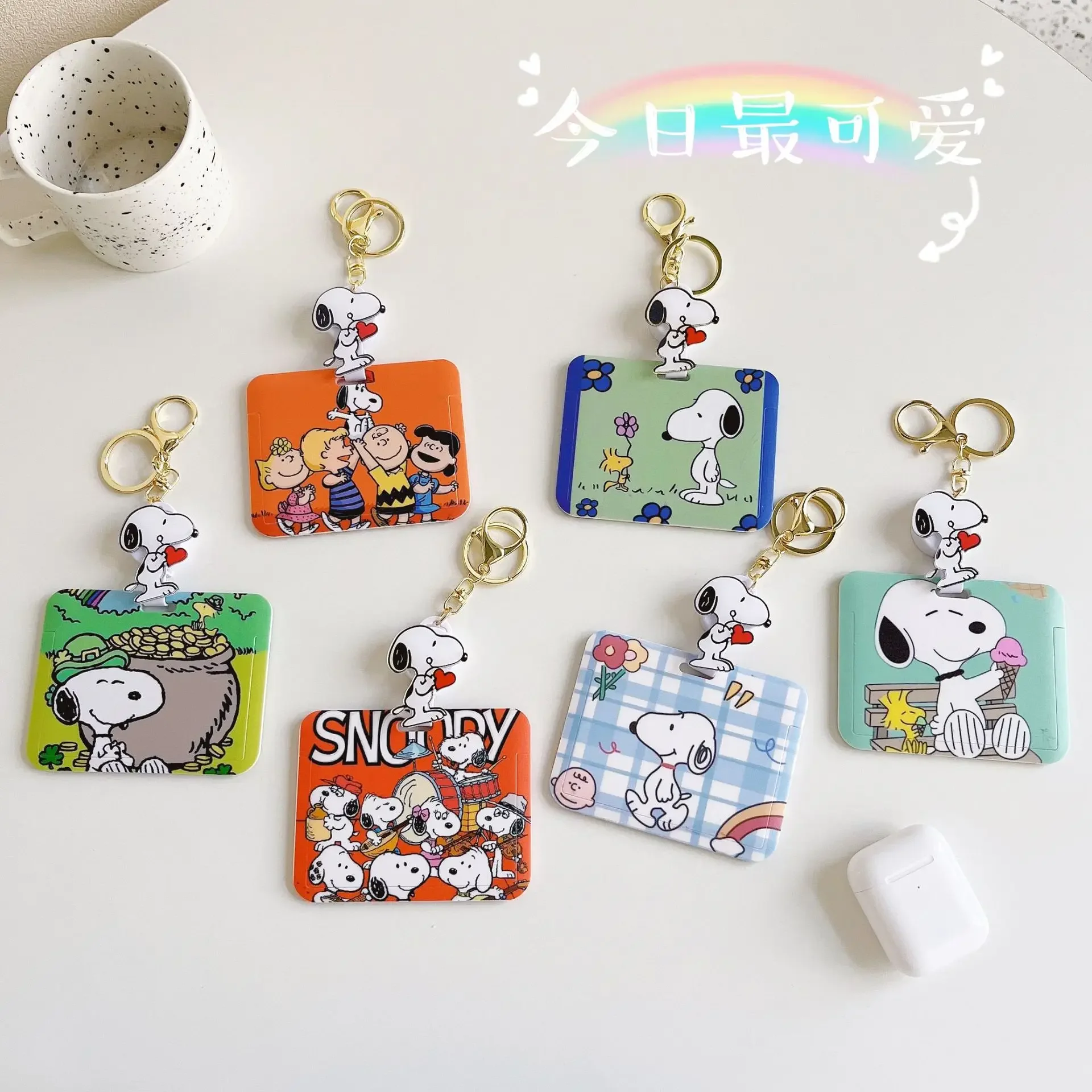 Anime Cartoon Snoopy Card Holder Keychain Anime Stretchable Embedded Card Sleeve Keyring Adult Bus Student ID Card Holder Gift