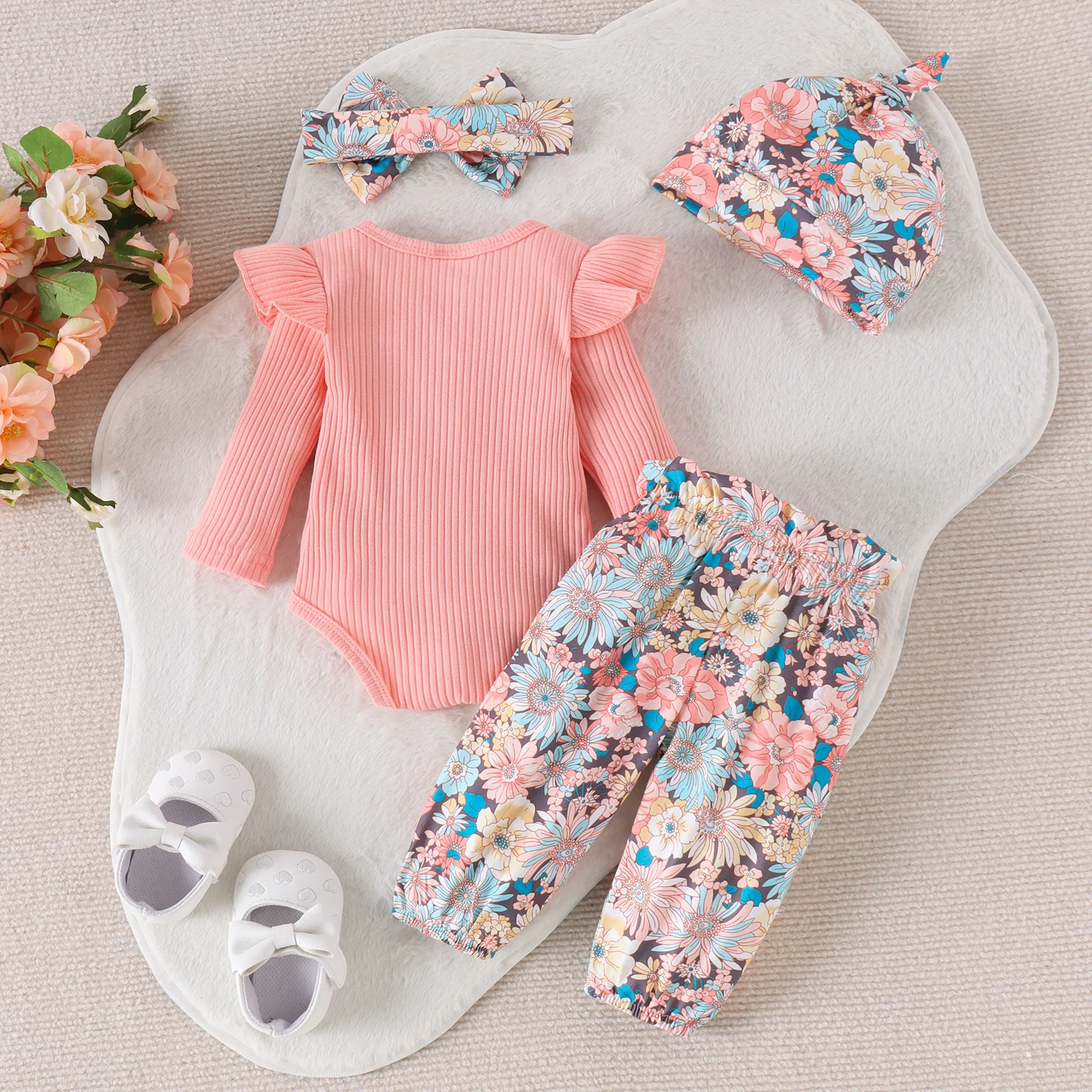 4PCS Autumn From 0 To June, Newborn Boys And Girls, Comfortable Casual Letter-Printed Pit Strip Top + Trousers + Hair Band Hat