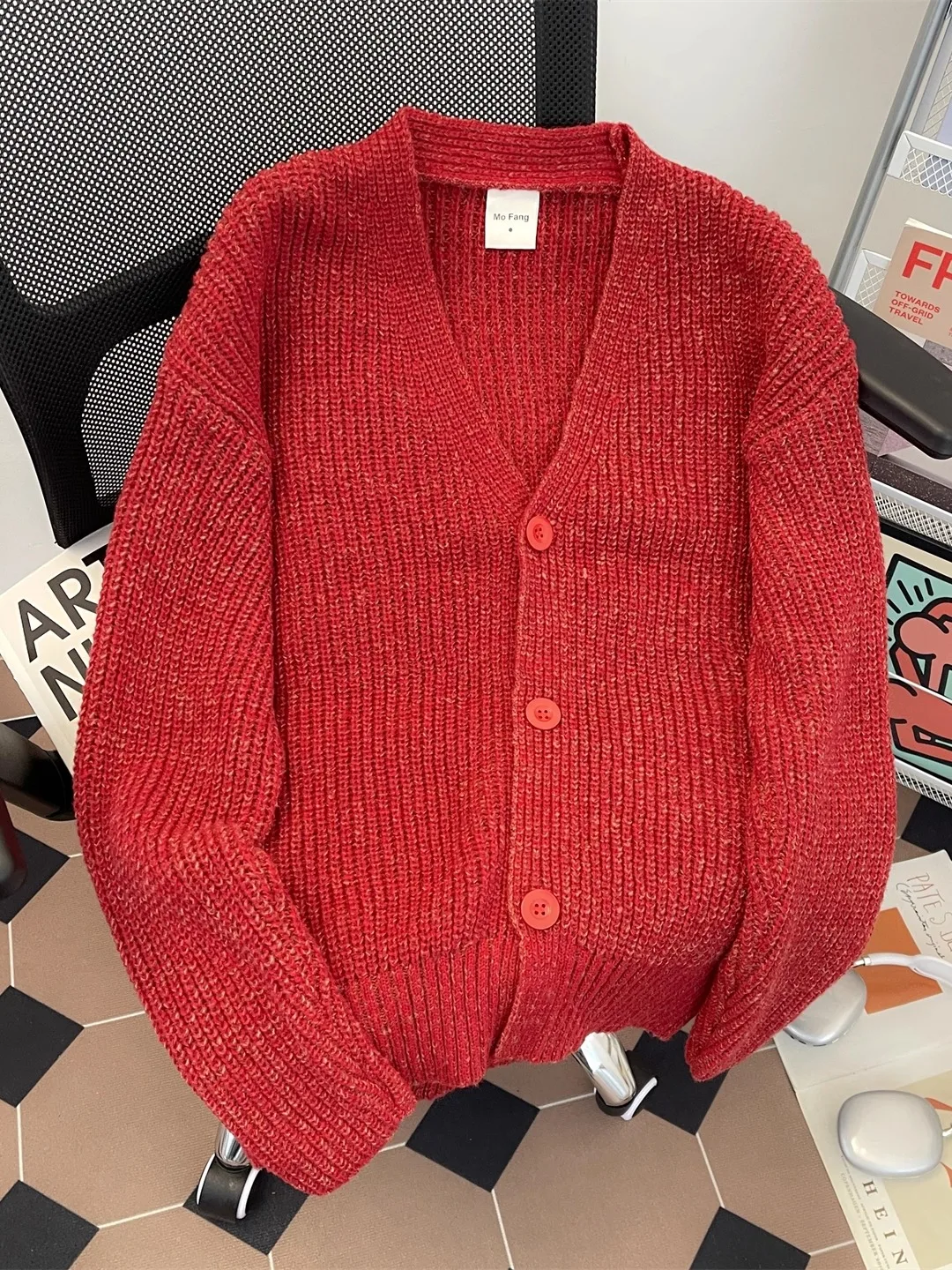 

New Year Celebration Red V-Ne Open Cardigan Sweater Men's Autumn Winter Loose Casual Lazy Couple Sle Knitted Outerwear