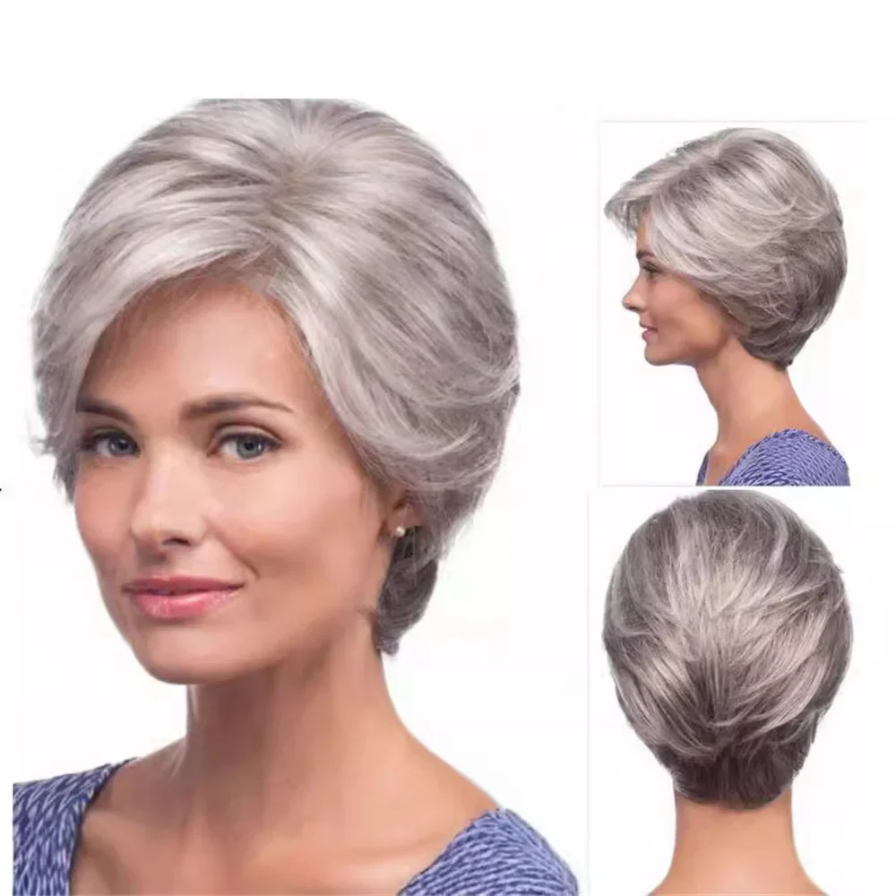 European and American Women's The Side Divide Wigs Chemical Fiber Wig and Headband for Middle-aged and Elderly Women