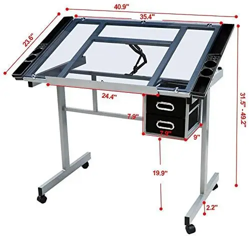 Drawing Desk Adjustable Glass Drafting Study Table for Diamond/Versatile Art Craft Station w/ 2 Slide Rolling Wheels view 3