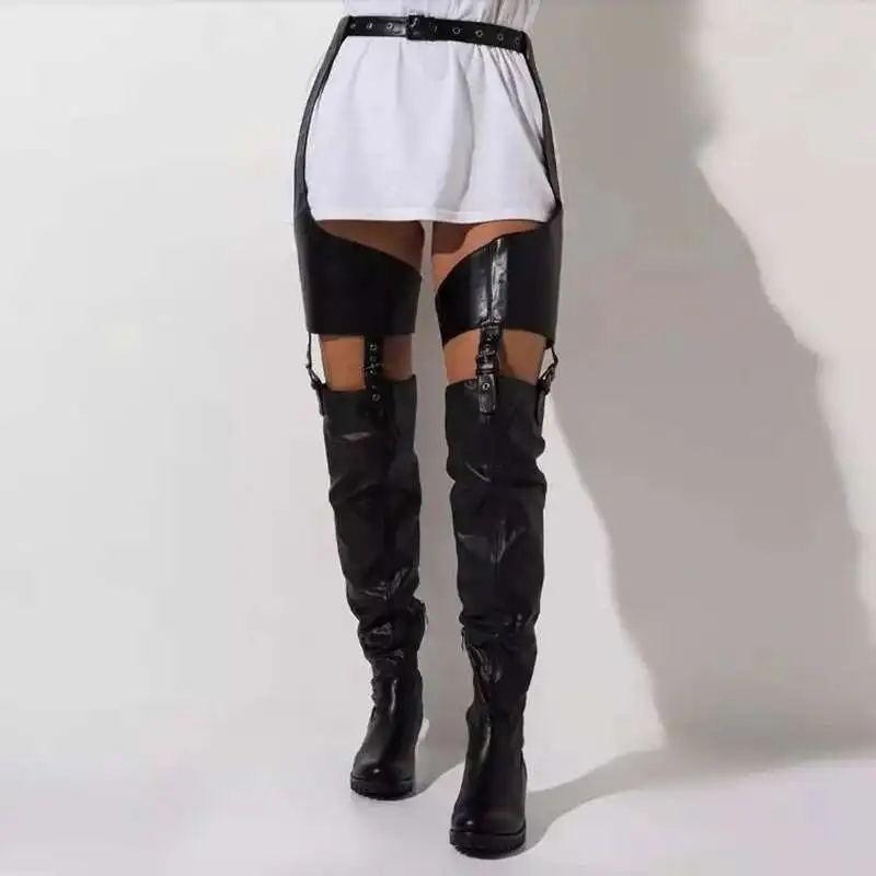 Size 34-46 Belt Black Thigh High Boots Low Heels Women Shoes Pu Leather Over The Knee Boots Shoes