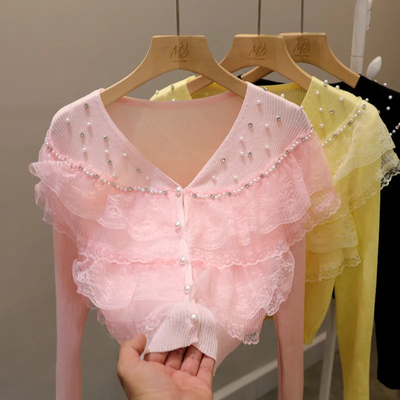 

Сладкий розовый вязаный кардиган с рюшами для женщин, короткий вязаный свитер с v-образным вырезом, весенне-осенний легкий роскошный верхняя одежда