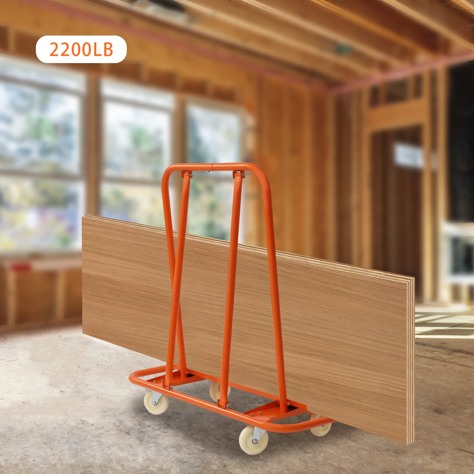 2200lbs Drywall Cart Q235 Steel Orange Heavy Duty Plasterboard Trolley with Four Wheels Practical Deck Orange Appearance