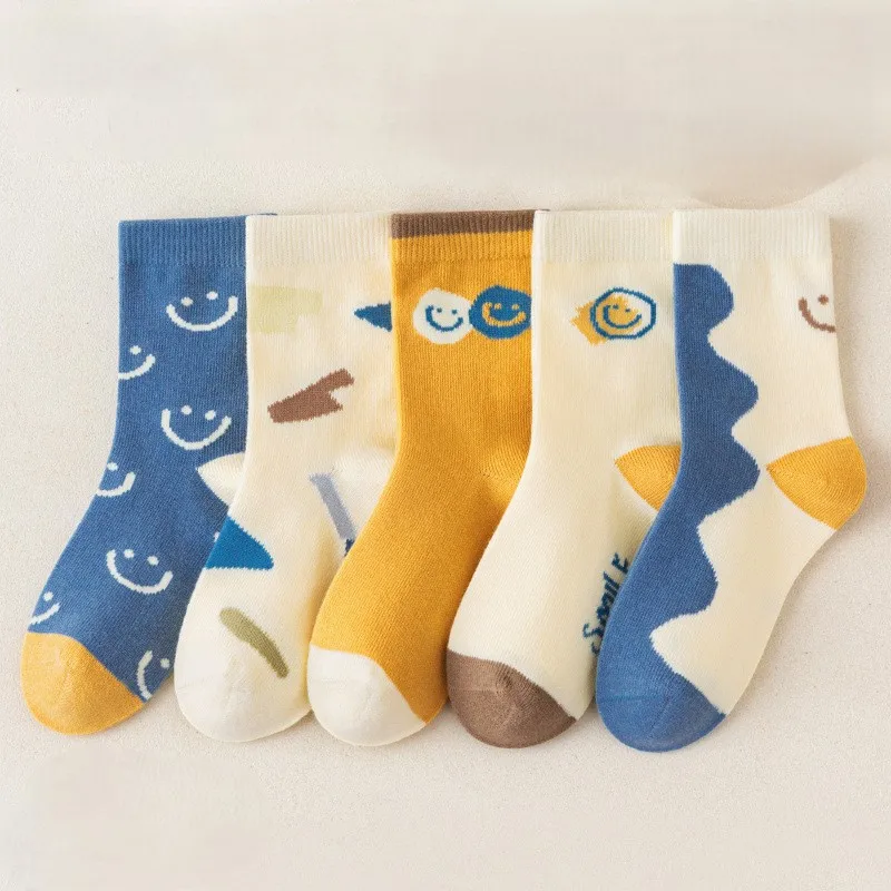 5 Pairs of Bright Orange Mid-Length Boys' Stockings Pure Cotton Comfortable Soft Fashionable for All Seasons - view 5