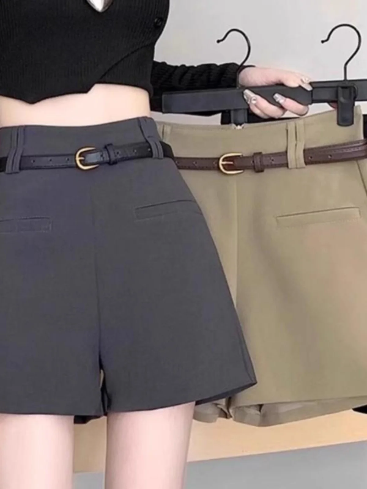 

Шорты-костюмные женские с высокой талией и широкими штанинами, осенне-зимние, универсальные, для офиса, маленькие размеры, высококачественные, А-силуэт, из полиэфирного волокна