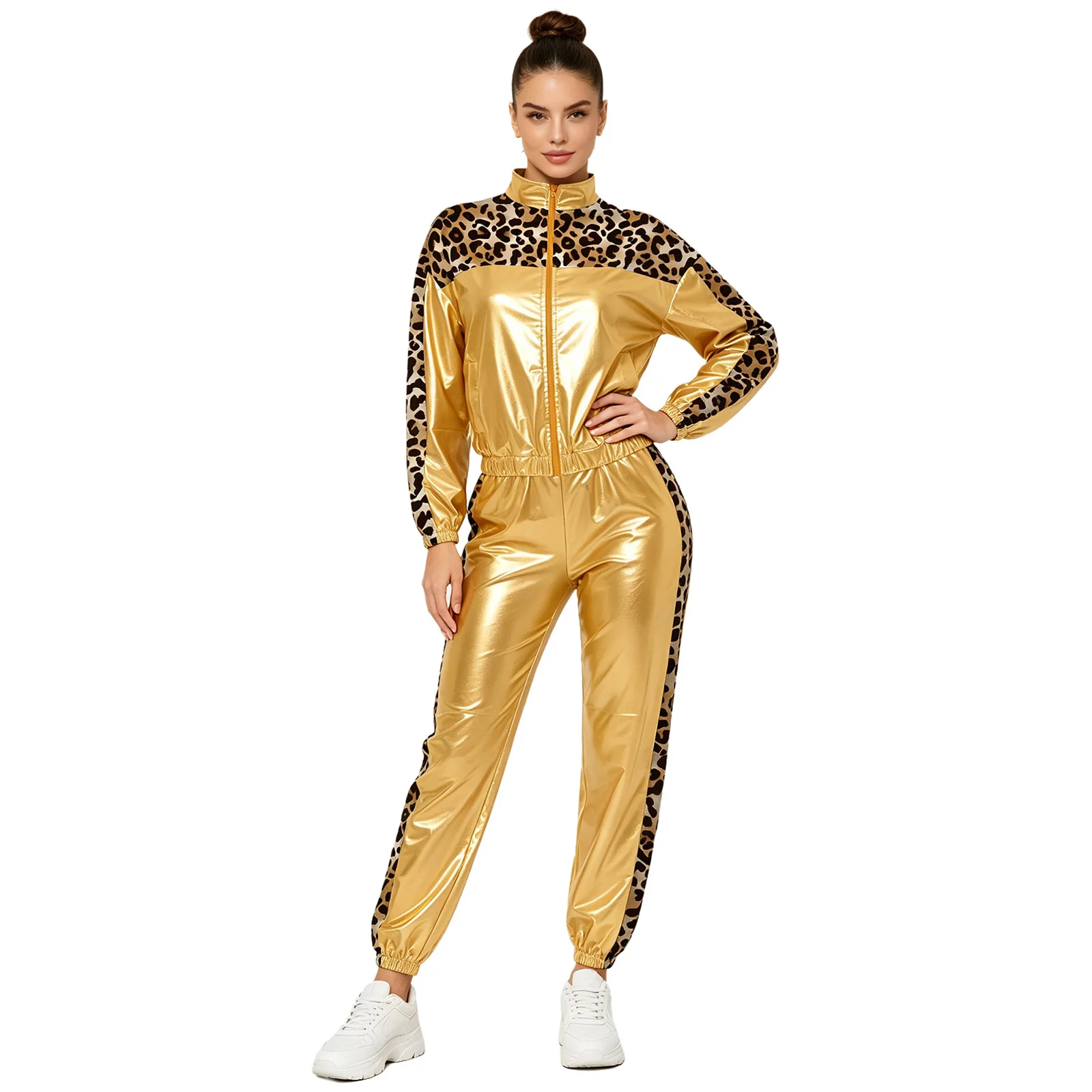 Womens 80s Disco Jazz Dance Outfit Metallic Long Sleeve Zipper Printed Jacket Outerwear And Jogging Pants Hip Hop Streetwear