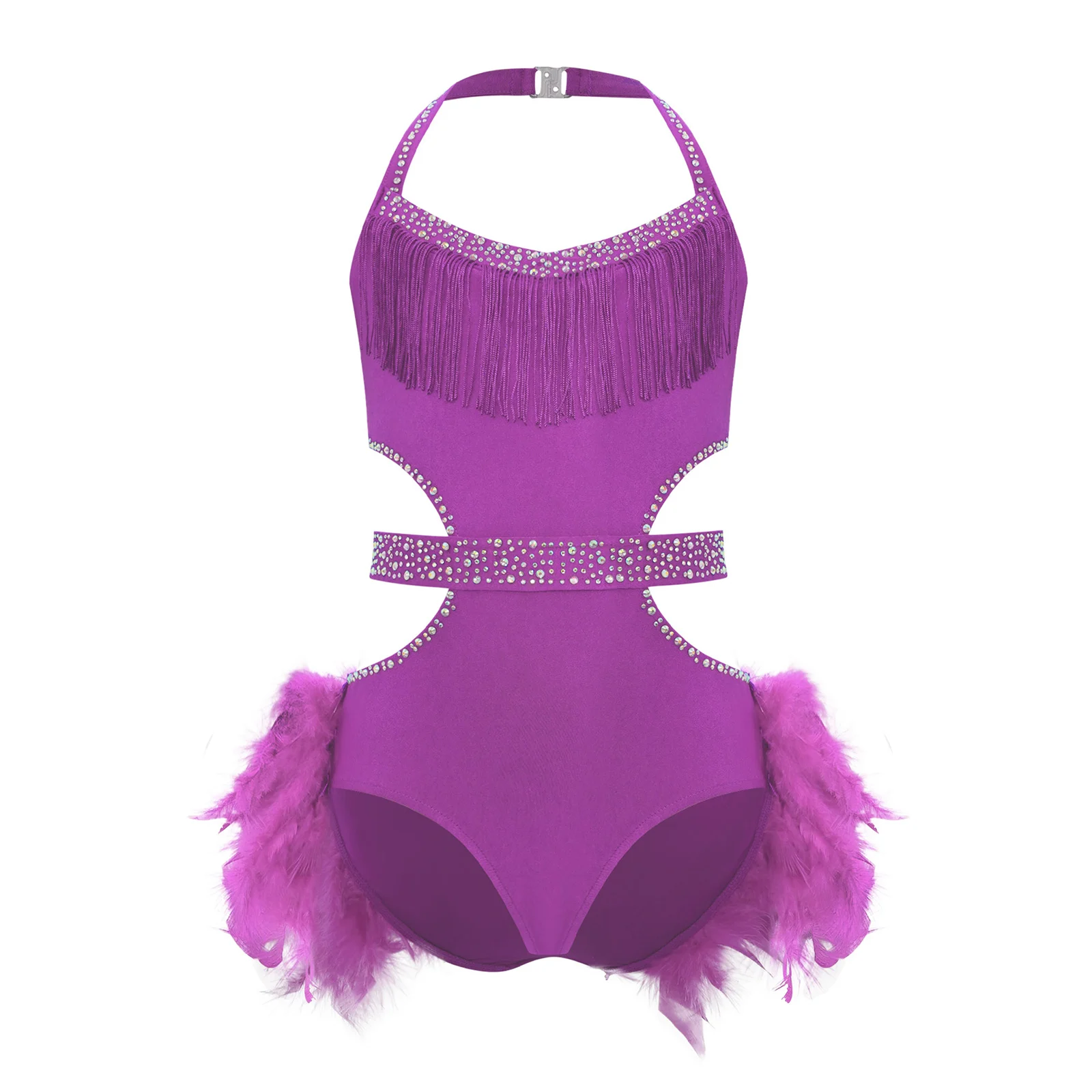 

Kids Girls Latin Jazz Dance Leotard Halter Sleeveless Cutout Sparkly Rhinestones Tassel Feather Skirted Leotard for Tango Samba