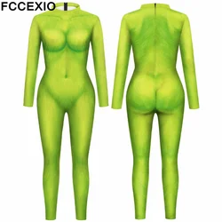 FCCEXIO Christmas Green Hair 3D Print Sexy Bodysuits Women Long Sleeve Cosplay Jumpsuit Christmas Party Clothing