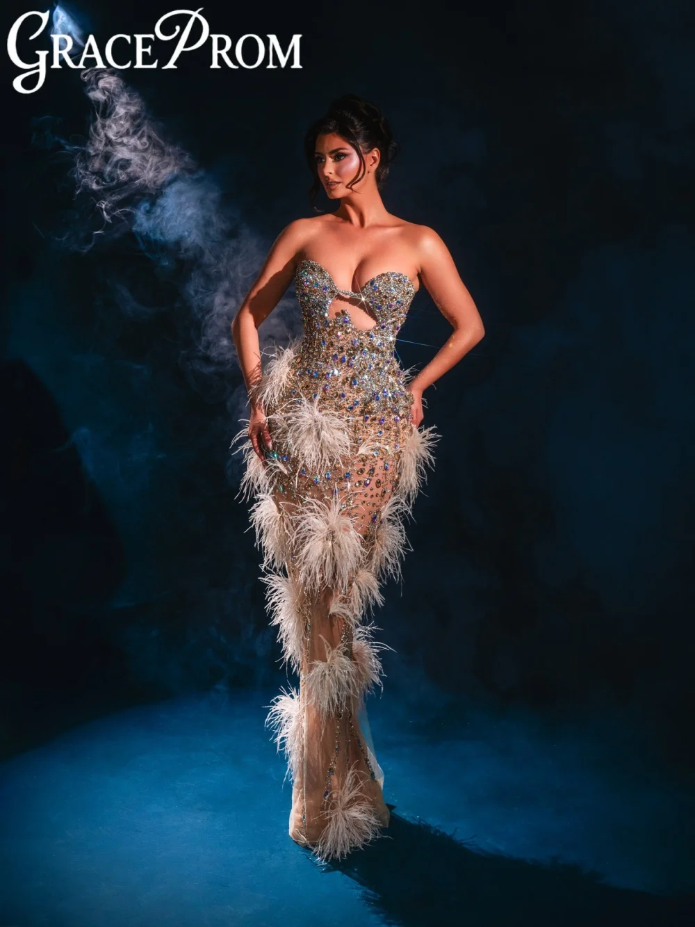Dazzling Crystal Feathers Evening Dress Exquisite Illusion Sheath Wedding Party Gown Customized Chic Floor-length Prom Dresses