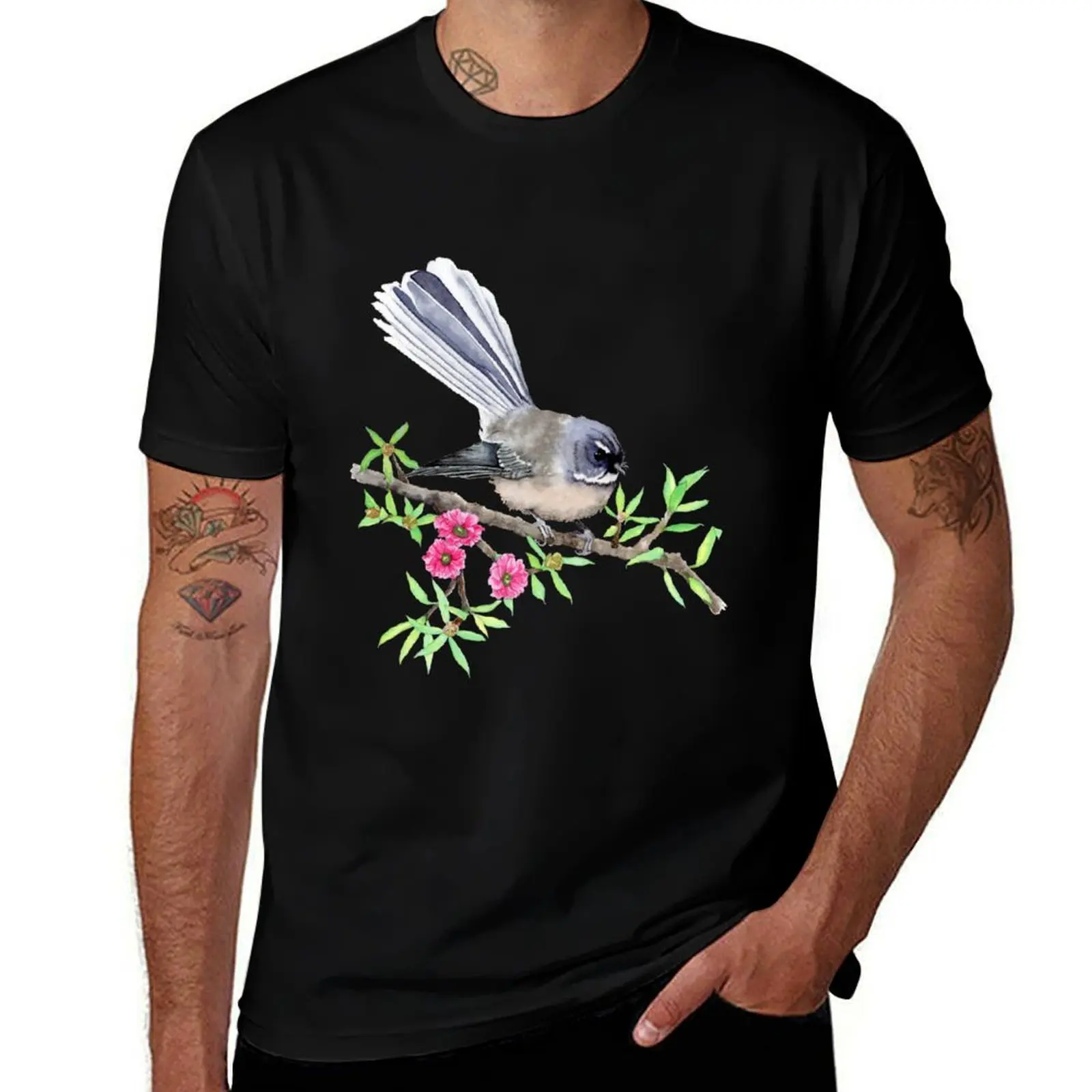 

New Zealand Fantail on Manuka T-Shirt graphic t shirts Clothing plus sizes blanks Men's cotton t-shirt
