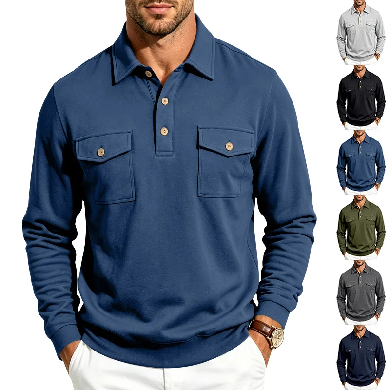 Herbst- und Winter-Herren-POLO-Pullover mit langen Ärmeln, lässigem Kragen, sportlichem Design und mehreren Taschen, Großhandel – Detail 2